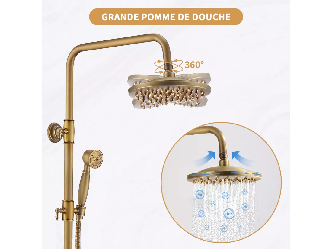 Colonne de Douche Mécanique Ensemble de Douche à Double Poignée Rétro Système de Douche Réglable Kit de Douche en Laiton Antique Finition Bronze