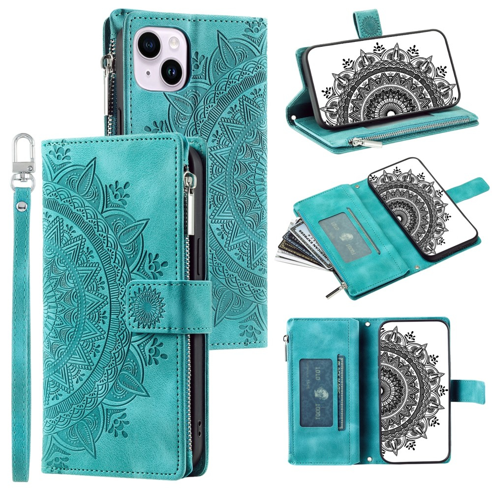 iPhone 15 Leder Tasche Flip Cover mit Reissverschluss - Mandala Flowers Imprint - Türkis