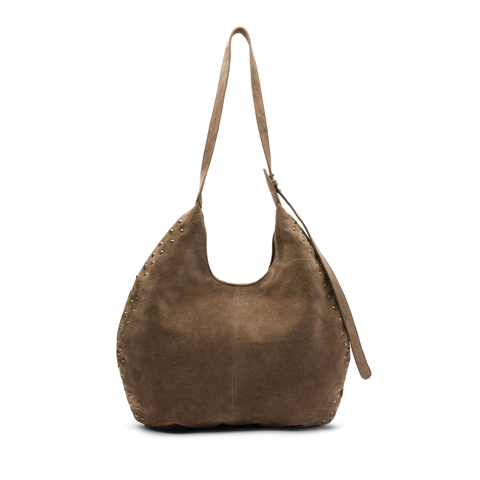 Taupe suède schoudertas met studs