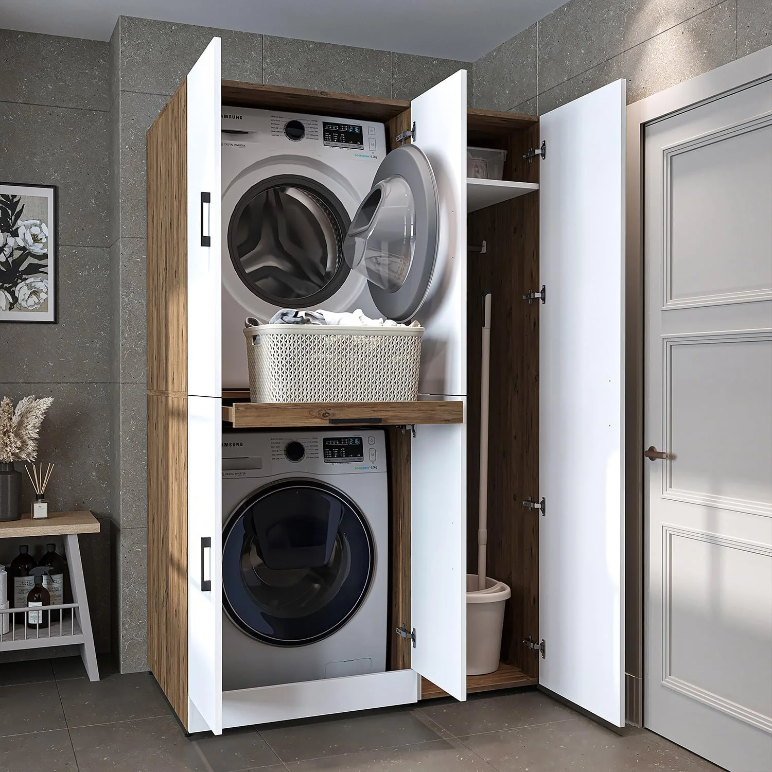 ROOMART Dora - Armoire de machine à laver - Pour sèche-linge et machine à laver - En 4 couleurs - Avec portes et panneau coulissant - Blanc - Chêne blanc - Chêne anthracite - Chêne blanc (chêne blanc)