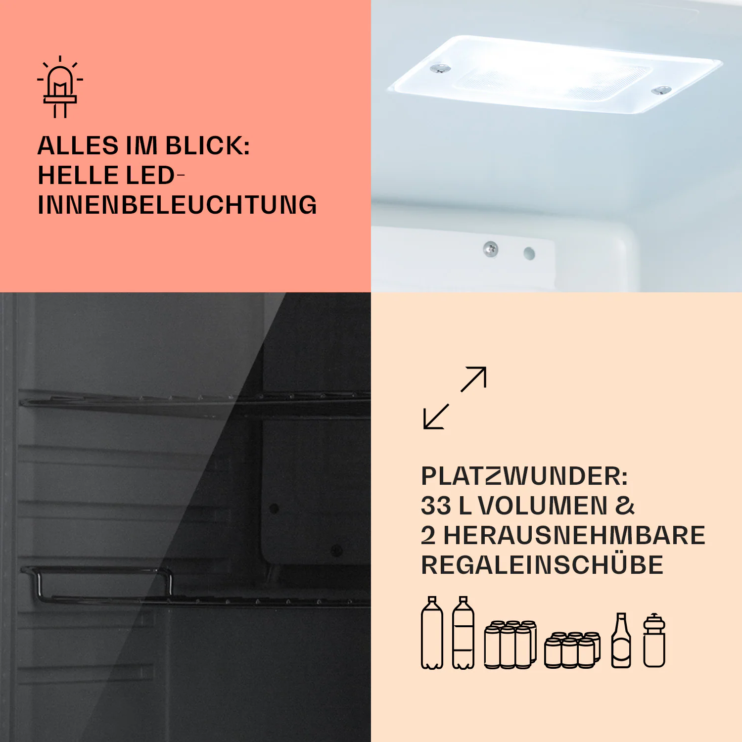 Beersafe M Quartz Kühlschrank 33 Liter 2 Böden Panoramaglastür