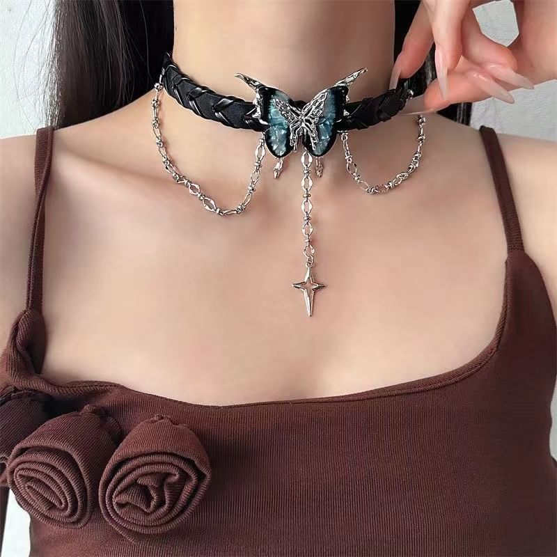 Lilafey - Vlinderster gelaagde legering imitatieleren choker