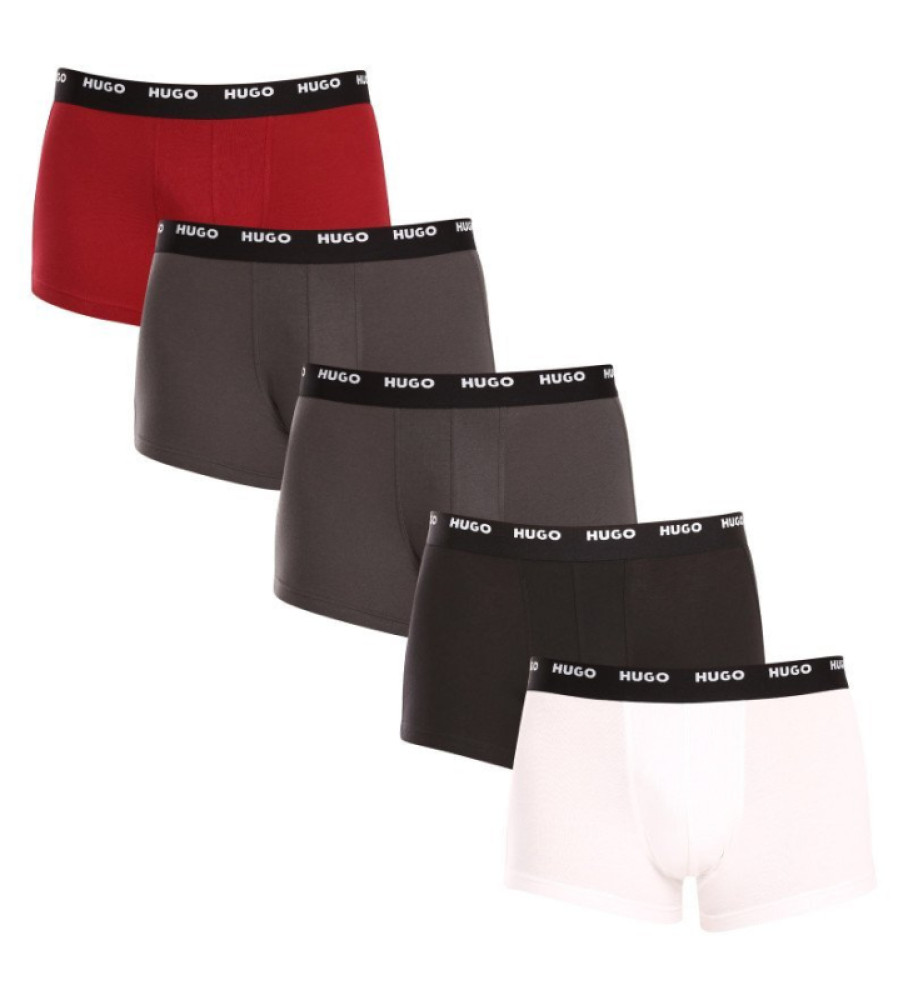Pacote com 5 cuecas boxer elásticas HUGO nas cores cinza, preto, branco e vermelho.