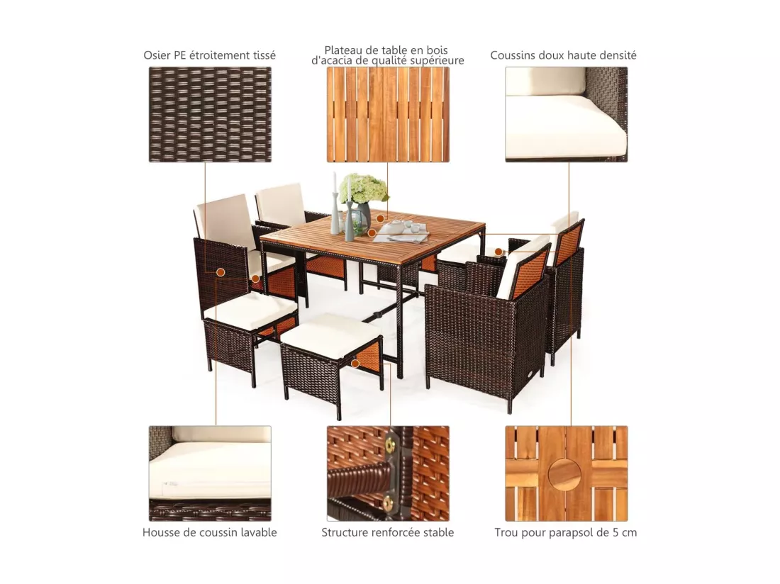 Salon de Jardin 9 Pièces, Ensemble Meuble de Terrasse avec Coussins et Repose-Pieds et Table en Rotin et fibre naturelle PE pour Véranda, Patio, Jardin, Terrasse, Piscine(Blanc)