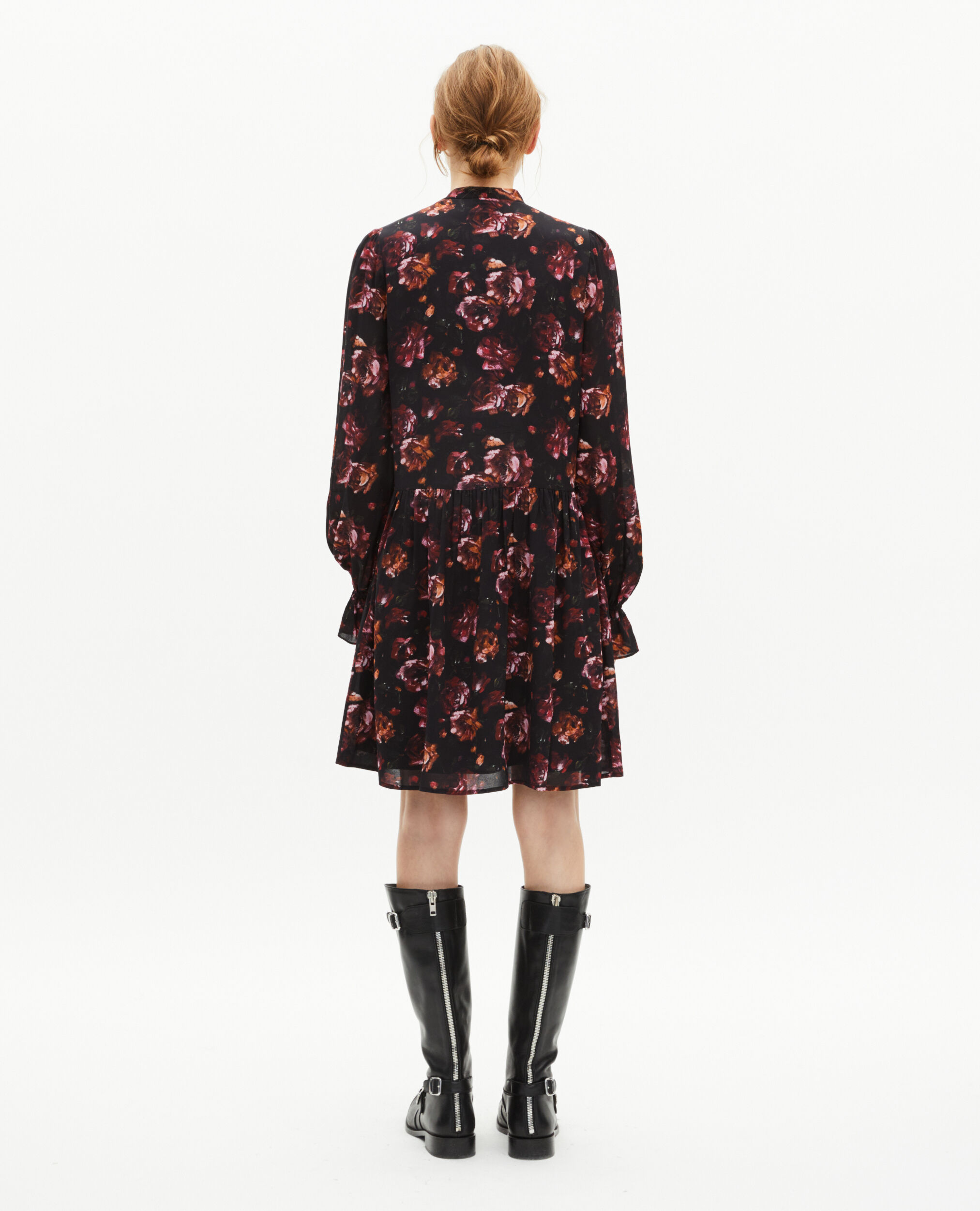Robe courte imprimé fleuri en soie mélangée bordeaux