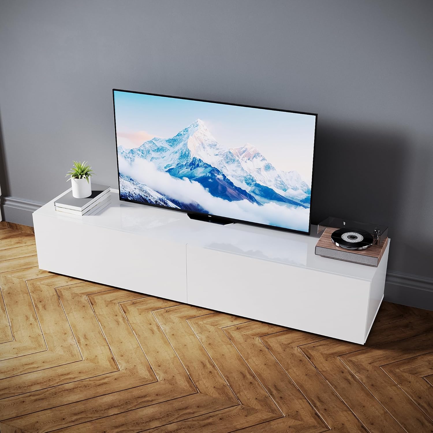 SONNI TV-Schrank Modern 160cm, Lowboard Hochglanz Weiß Hängend/Stehend, TV-Regal mit 2 Schublade, 2 Türen, Griffloses, Fernsehtisch für Fernseher bis 65 Zoll Wohnzimmer & Schlafzimmer, 160x40x30cm.