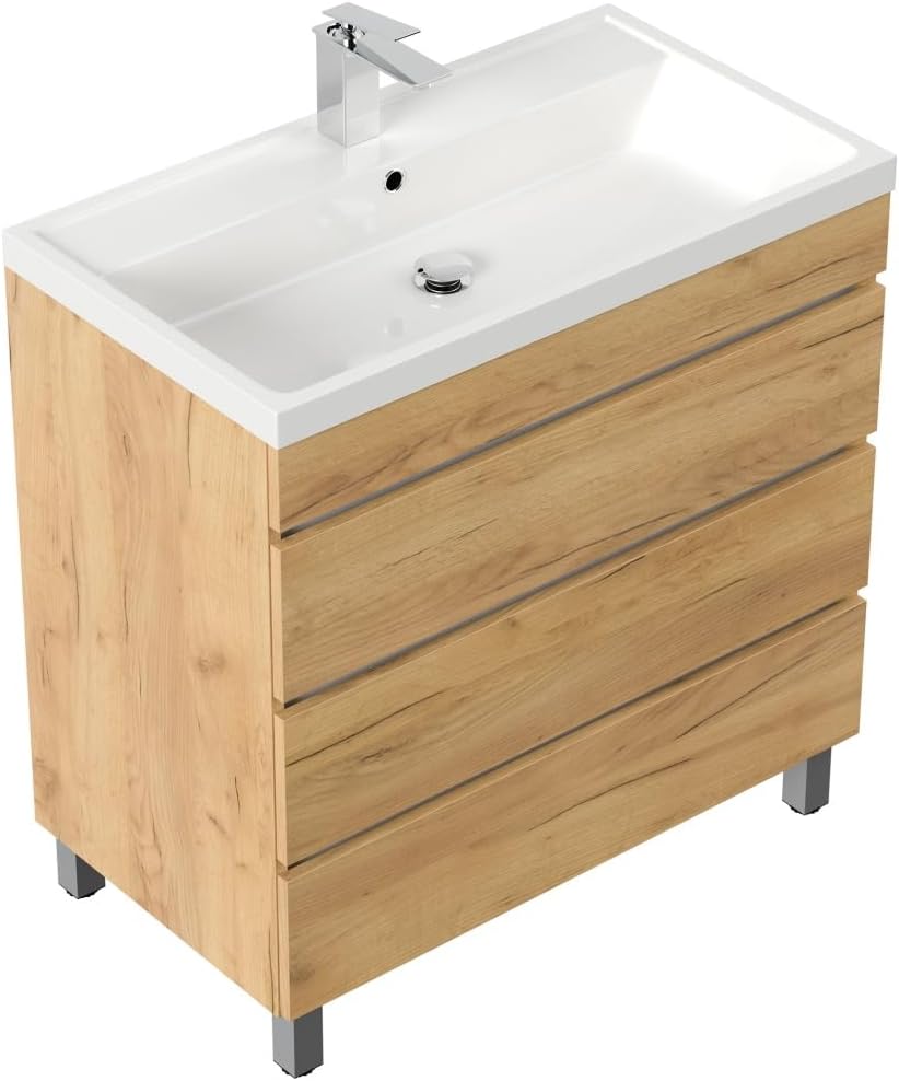 Magnolia Home Stand Badmöbel Via 80 SoftClose mit DREI grifflosen Schubladen Farbe Eiche Gold