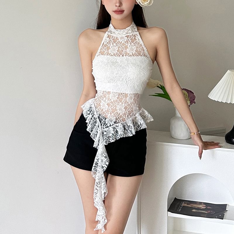 Sugarcoat - Haltermockneck, effen, asymmetrisch, geplooid, open rug, kanten crop top