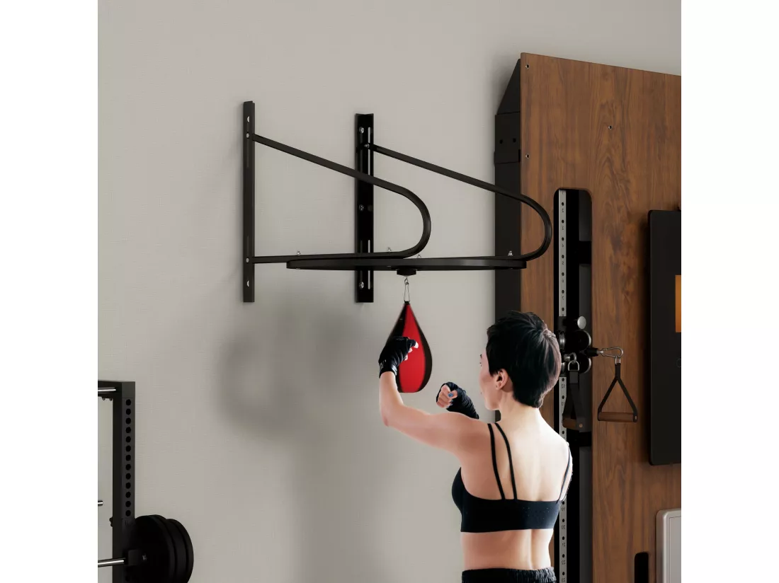Punching ball poire de vitesse boxe avec support plateau tournant + pompe MDF acier revêtement synthétique rouge noir