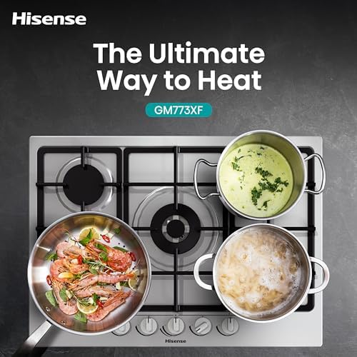 Hisense GM663XB Plaque de cuisson à gaz, 4 zones de cuisson, largeur 60 cm, brûleur wok double couronne et grilles en fonte, allumage intégré, anti empreintes digitales en acier inoxydable : Gros électroménager