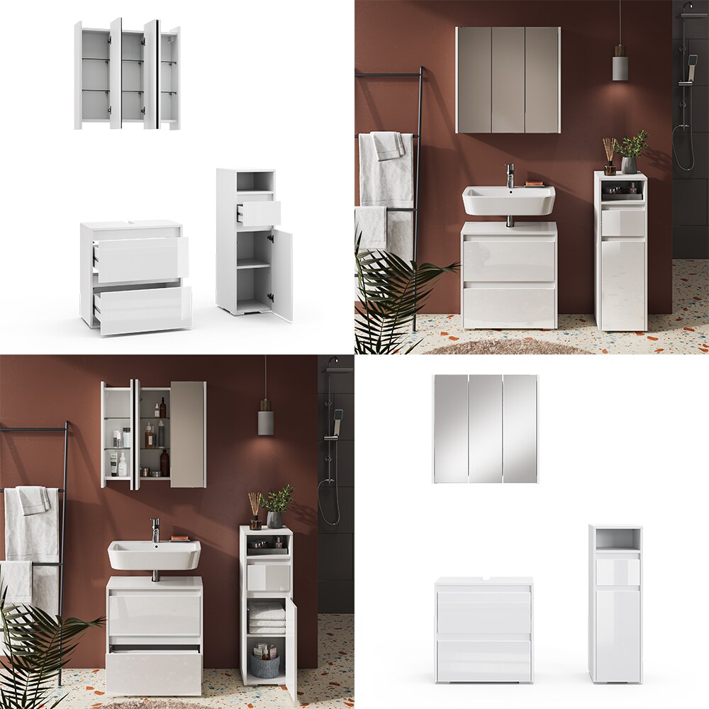 Vicco Badmöbel-Set Badezimmer-Möbel Bad-Schrank Majest Weiß Hochglanz modern Badezimmerschrank Waschbeckenunterschrank Spiegelschrank Midischrank Schranktür Schrankfach Schrankschublade