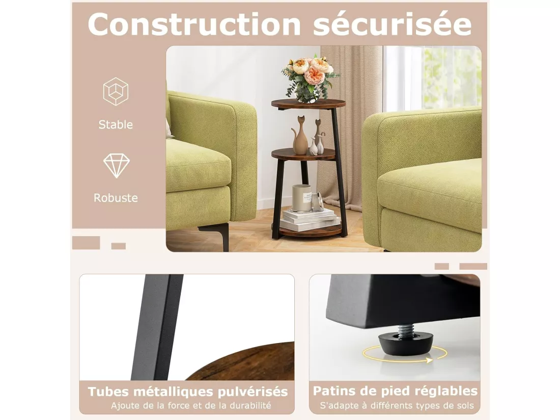 Table d'appoint （lot de 2) , bout de canape 3 niveaux, cadre en métal, 40,5 x 38 x 62 cm (2)