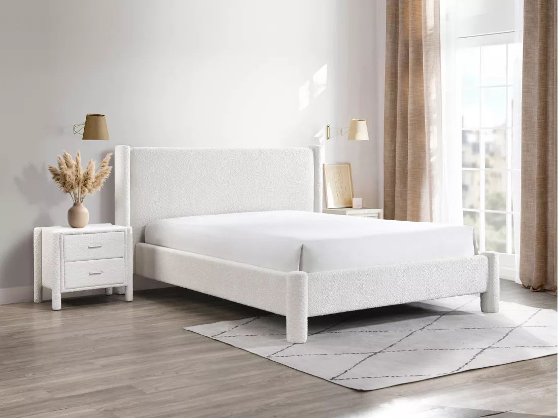 Lit 160 x 200 cm - Tissu bouclette - Blanc - CONOMO