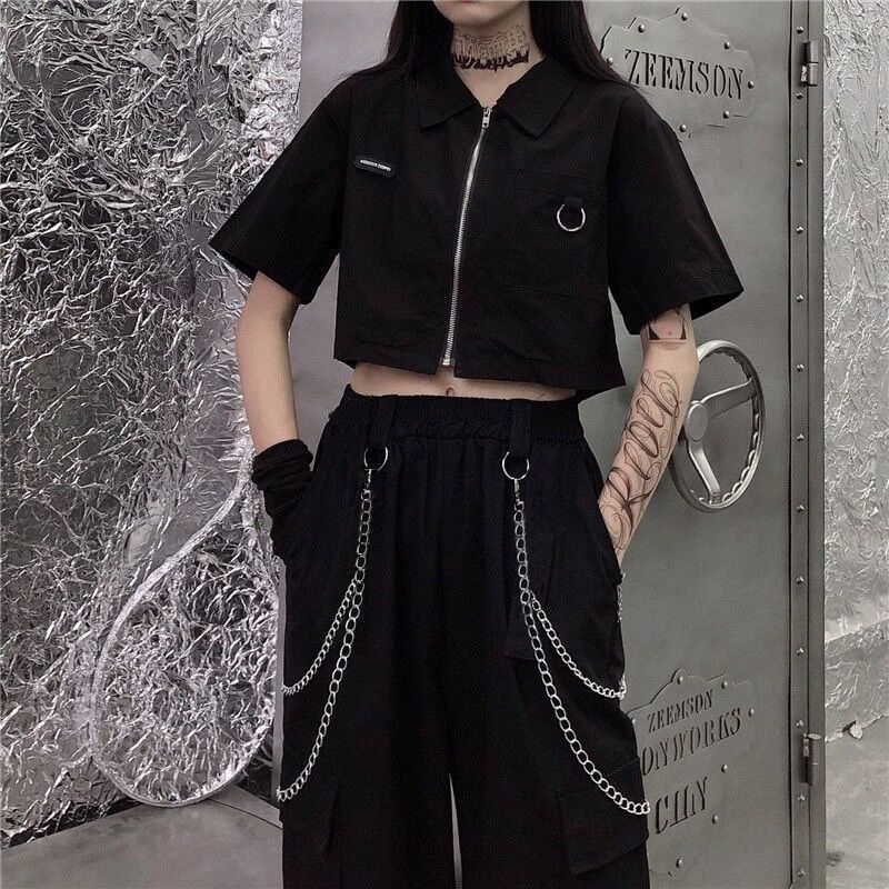Malnia Home - High Rise Plain Wide Leg Cargo Pants / Short-Sleeve Crop Shirt / Chain / Set