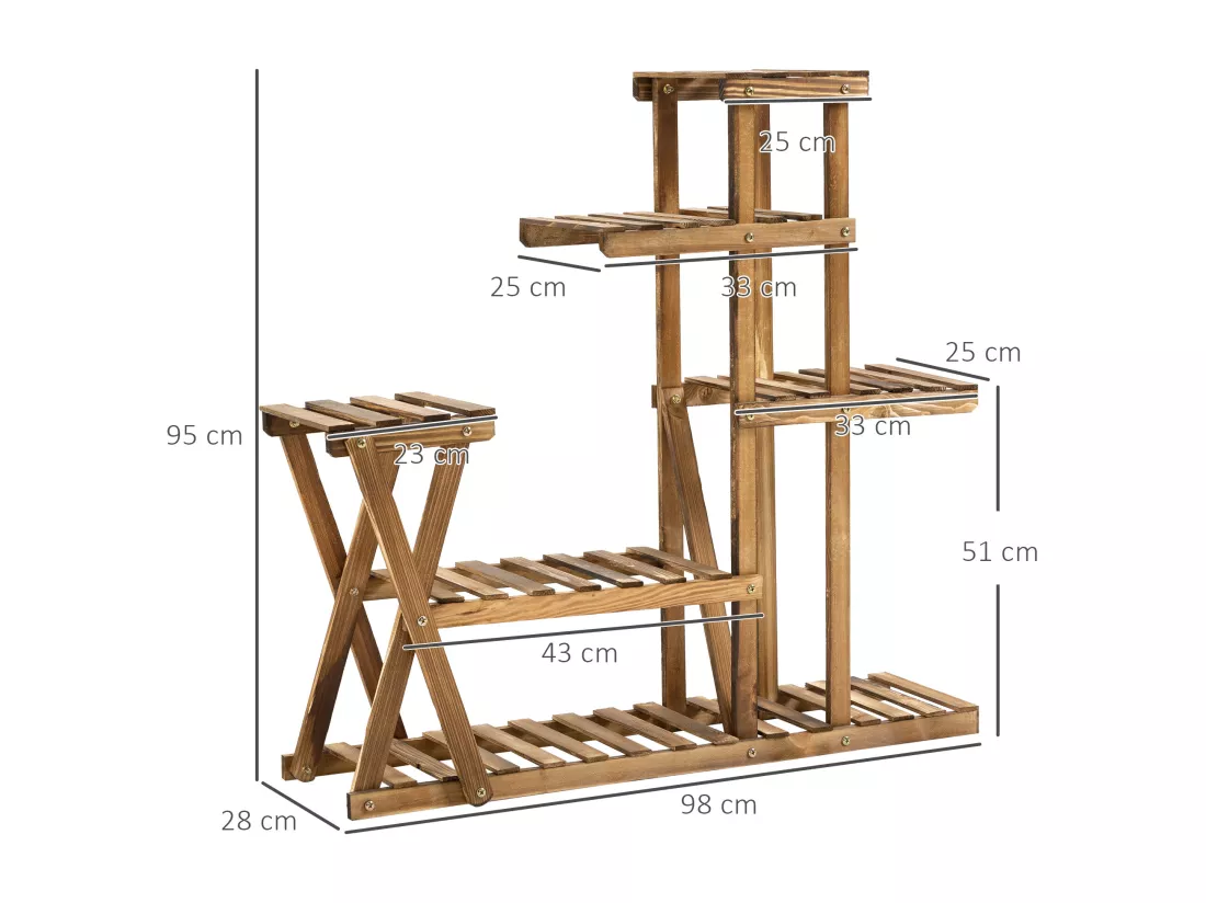 Étagère à fleurs en bois - porte plante bois 6 tablettes - dim. 98L x 28l x 95H cm - bois de sapin traité carbonisation