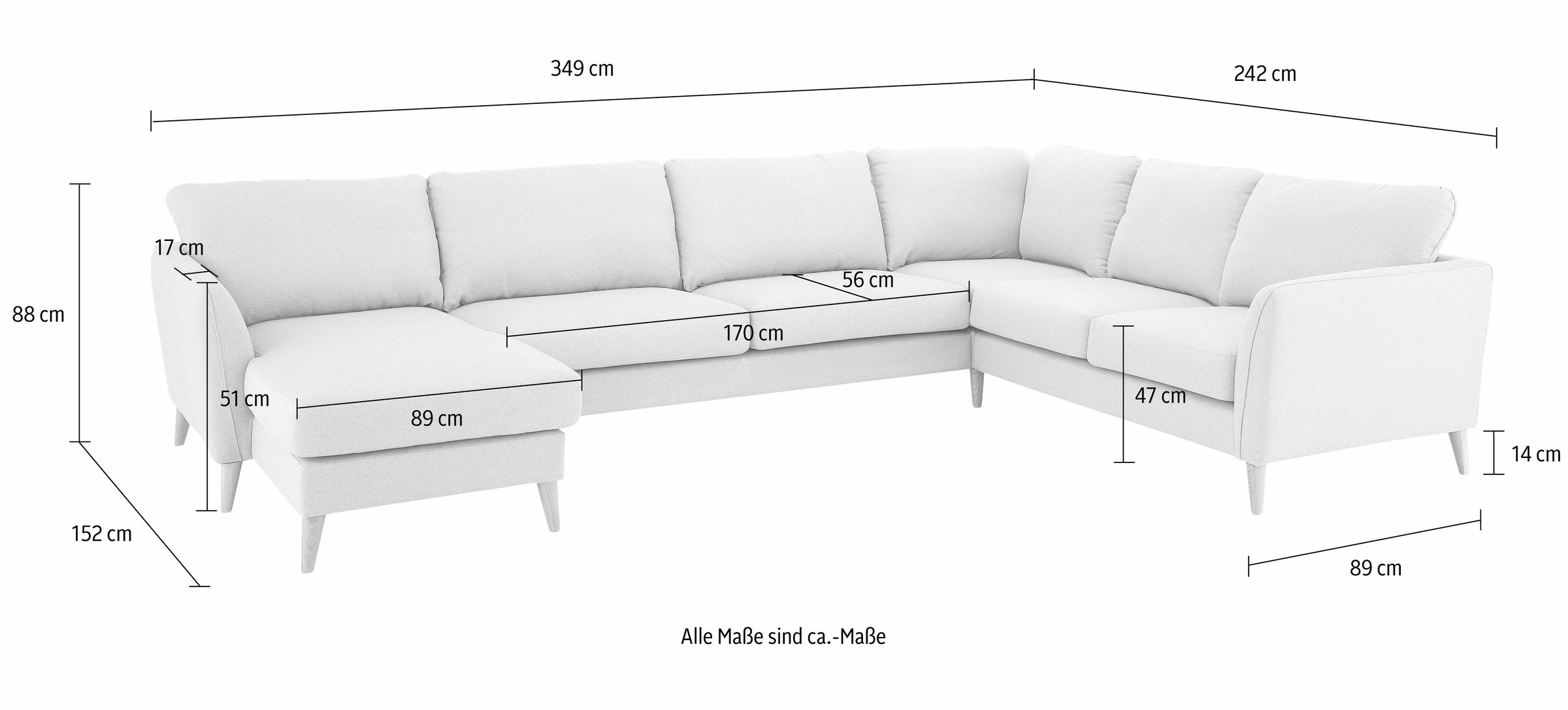 Home affaire Wohnlandschaft »MARSEILLE XXL 349cm, U-Form, Ottomane rechts/links wählbar« Massivholzbeine Eiche, Landhausstil, Wellenunterfederung