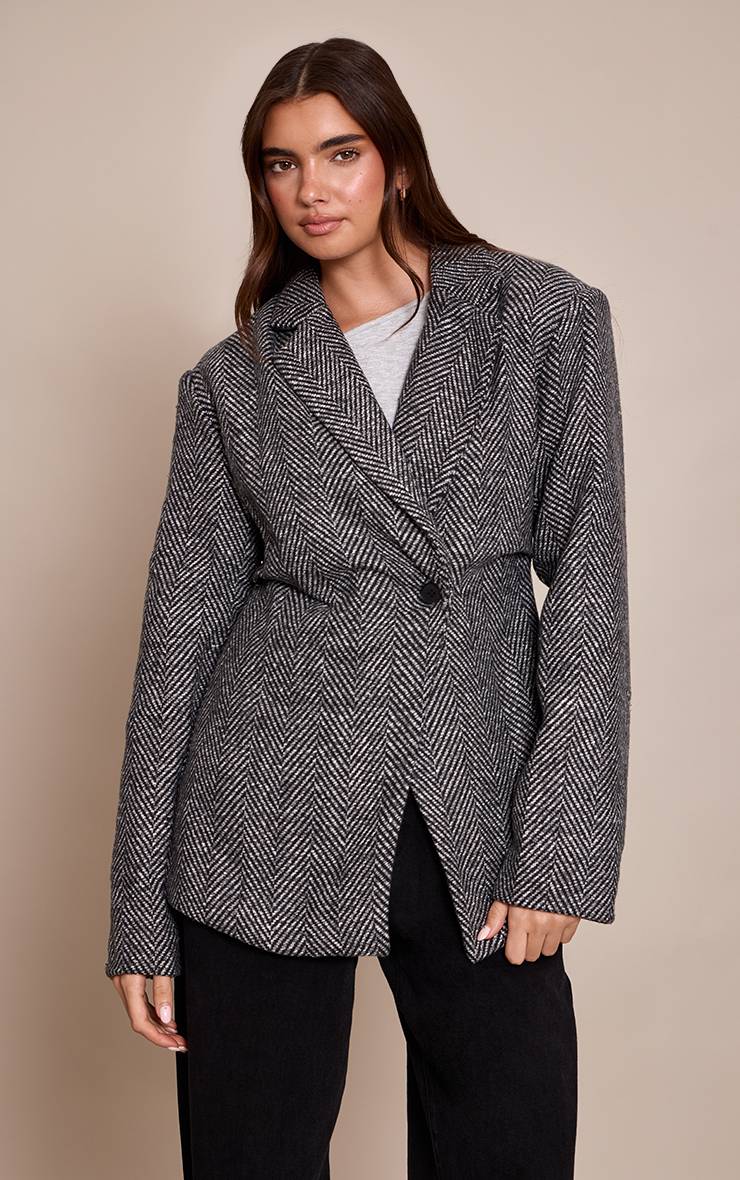 Gris Blazer Cintré À La Taille En Chevrons Froncé