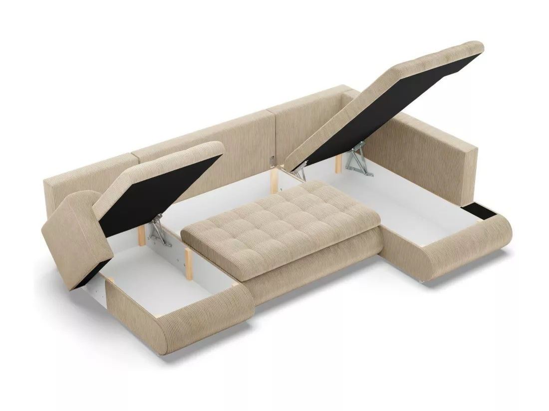 Canapé d'angle en U avec fonction sommeil, Ottoman, Cord - Beige