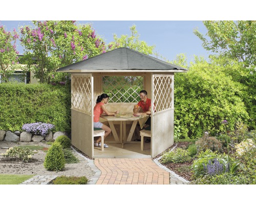 Weka paviljoen met vloer, tafel en zitplaatsen, 223 x 257 cm, naturel