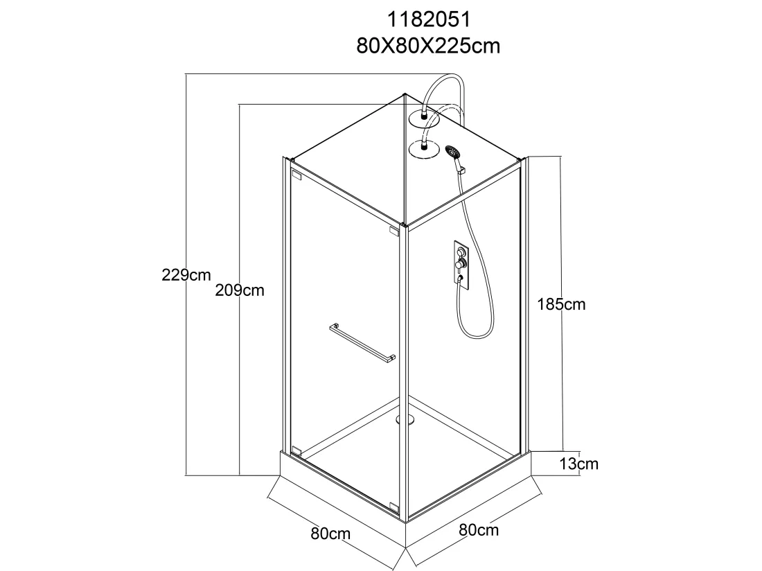 Cabine de douche installation réversible - Hauteur ajustable - Noir - L80 x l80 x H209/229 cm - BADONI