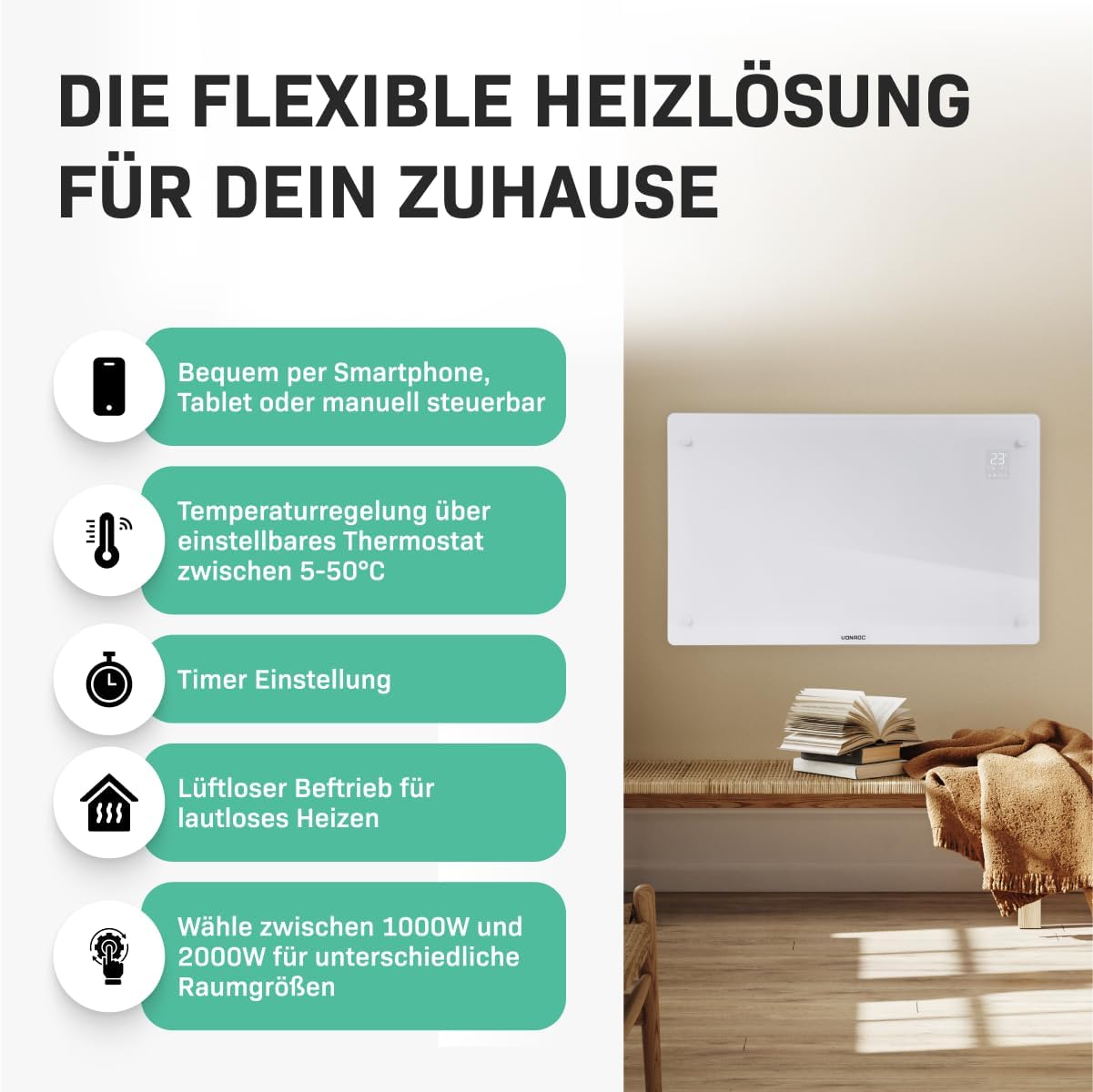 VONROC Elektroheizung energiesparend 2000W - Konvektor Heizung [24qm Räume] - Mobile Elektrische Heizung [App/Touch Steuerung] - Heizkörper 2in1 Wand-/Bodenmontage - Weiss