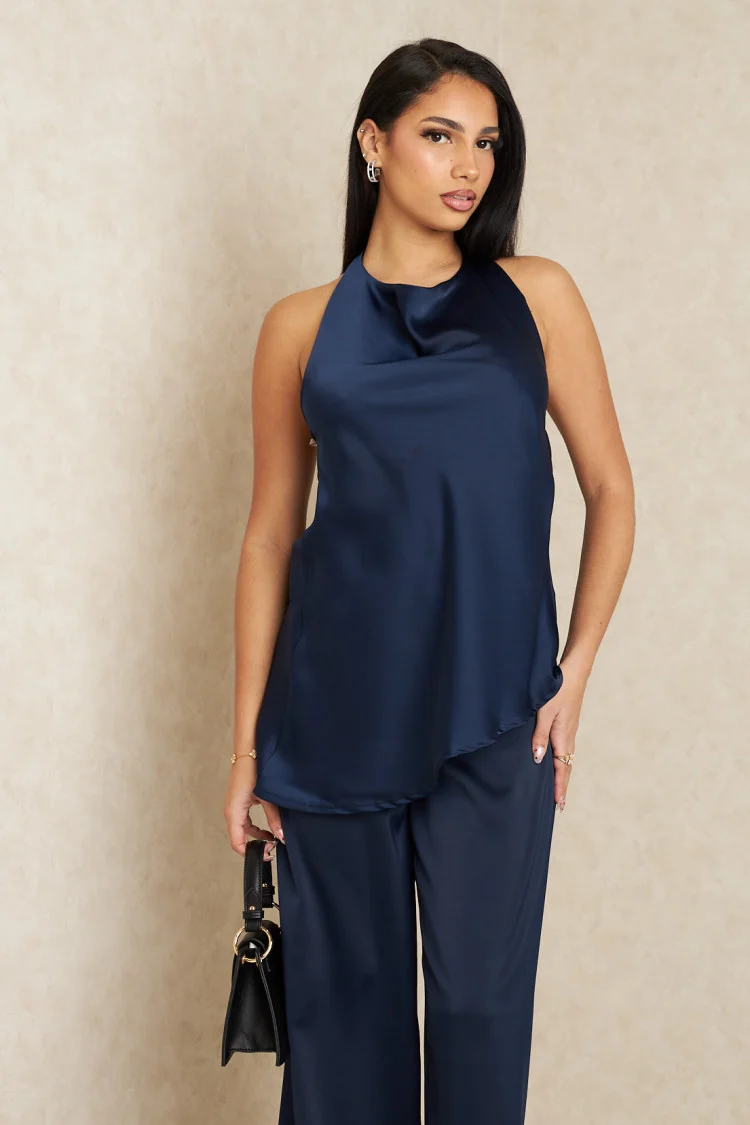 Ensemble 2 pièces top + pantalon satiné bleu nuit