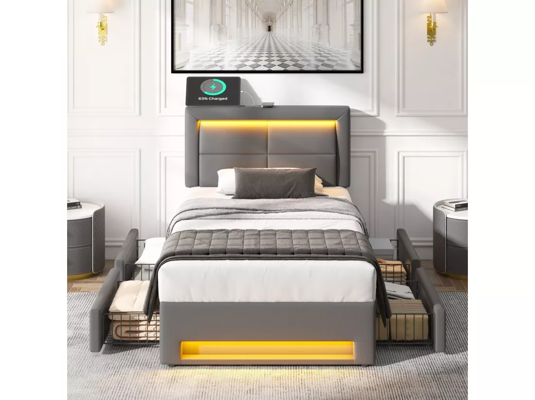 Lit rembourré 90x190 cm, avec port USB (supporte le chargement sans fil et filaire), avec éclairage LED et quatre tiroirs, PU-Litschi, gris