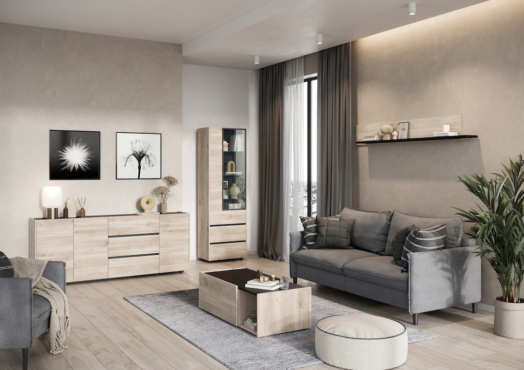 Couchtisch EMMA 112 x 37 cm Castello-Eiche-Dekor beige/schwarz