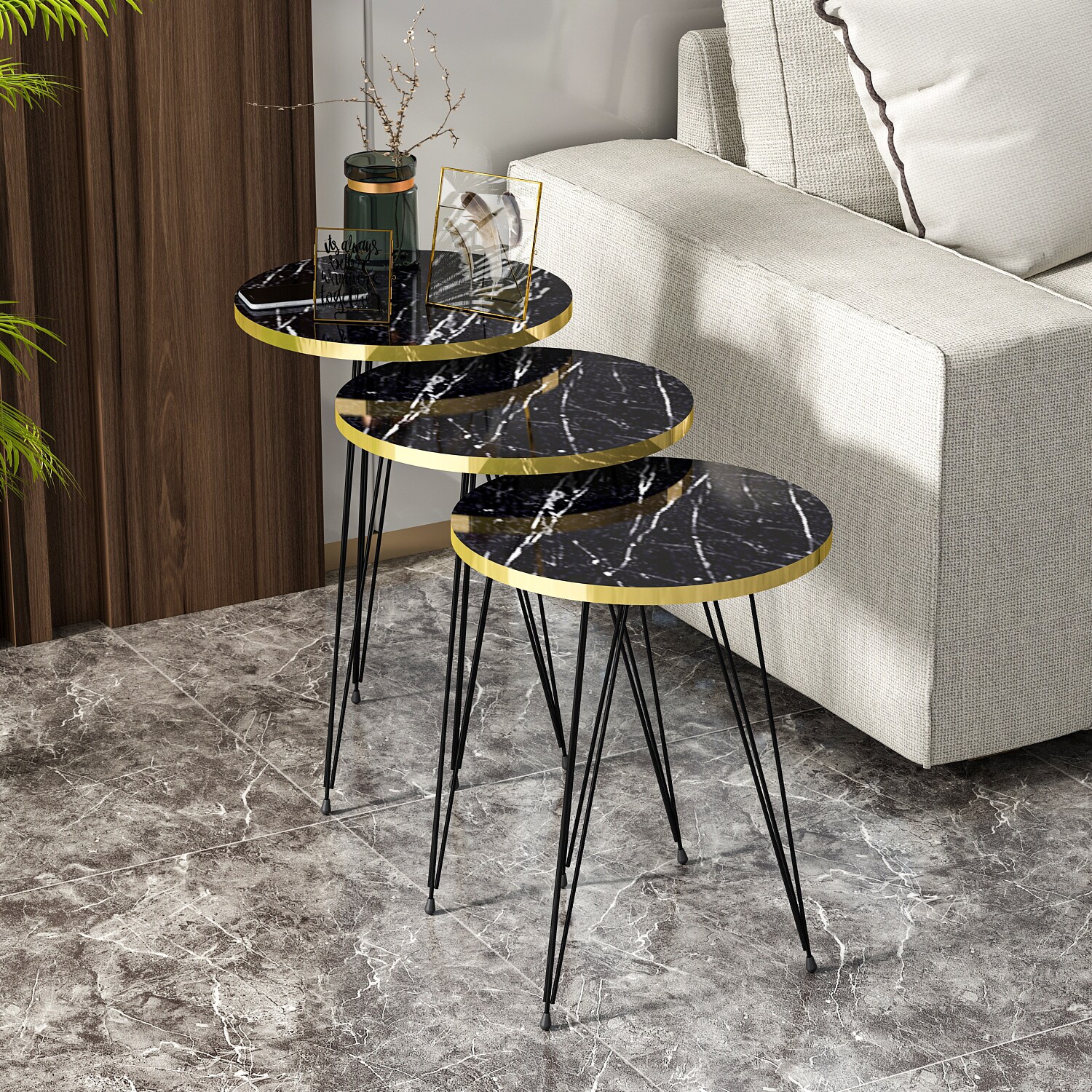 Beistelltisch 3er Set Marmoroptik Schwarz 21286139