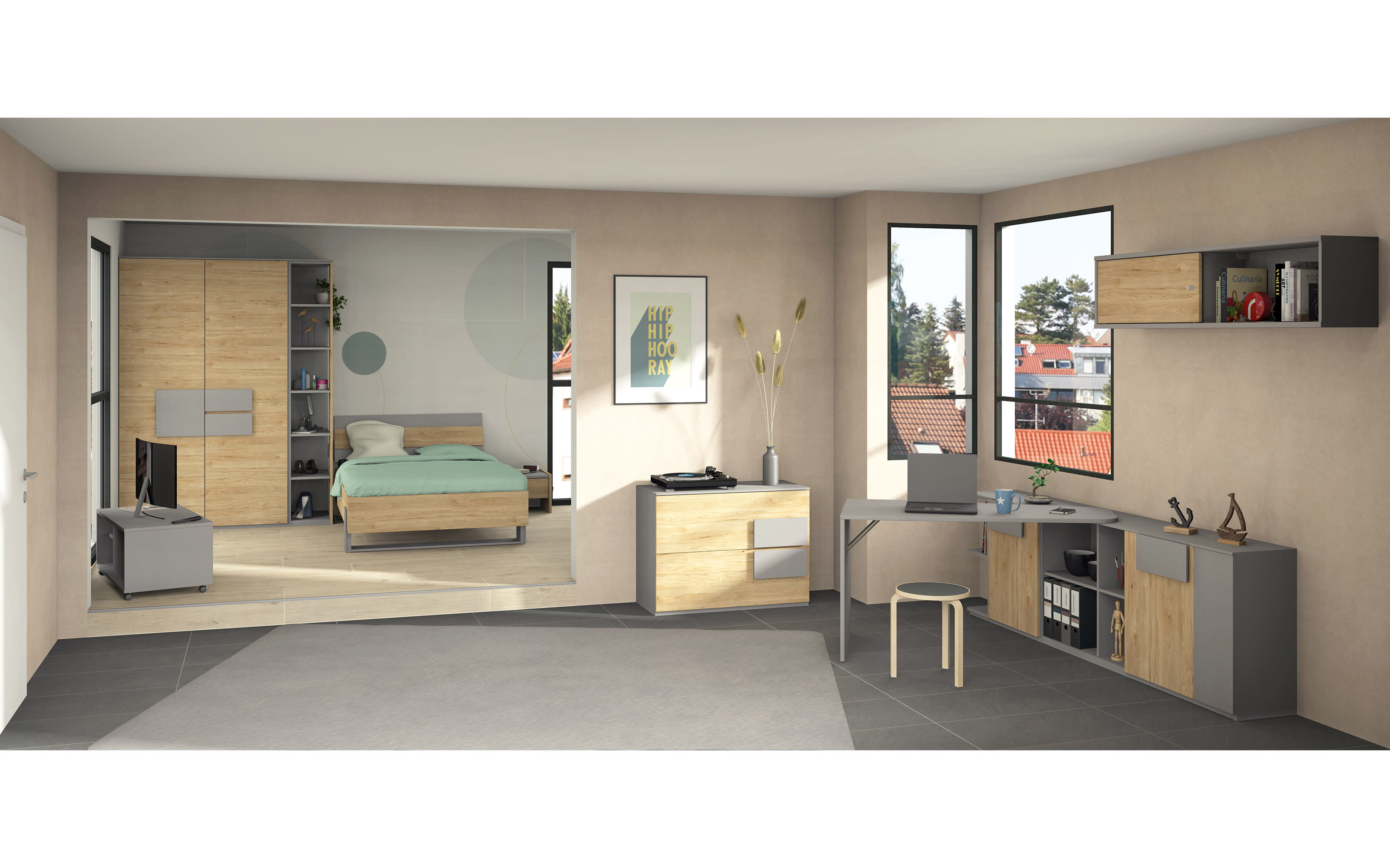 Bett clip, Eiche/grau, 120 x 200 cm