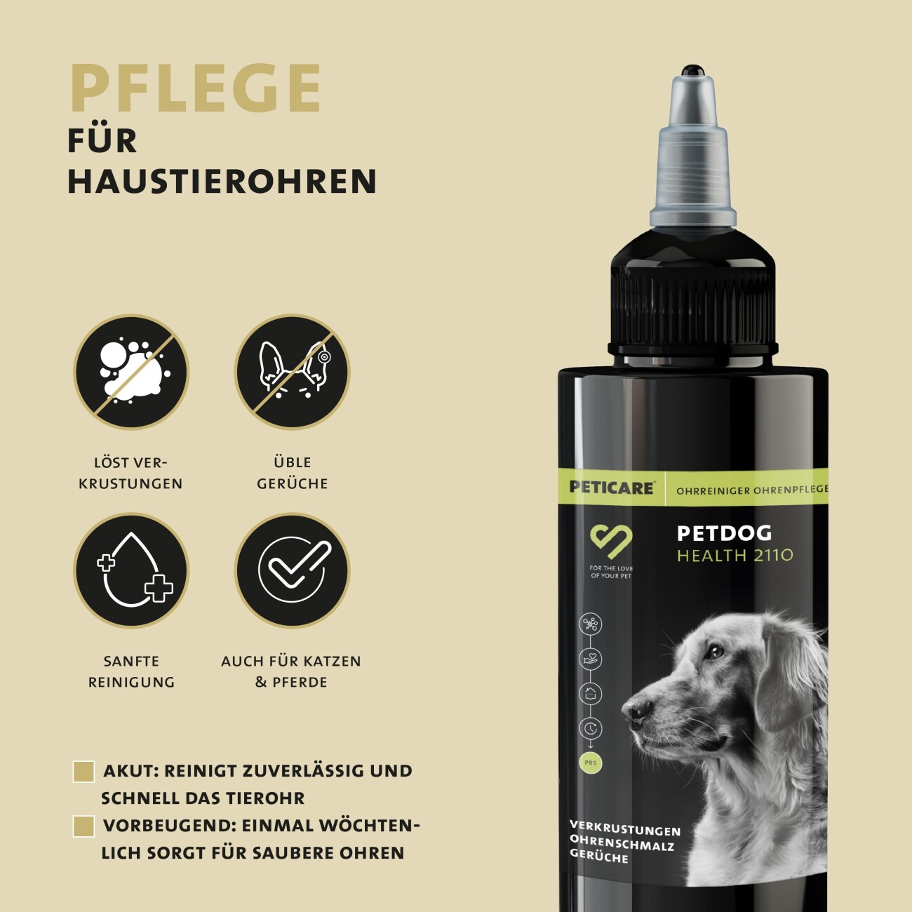 Peticare Ohren-Reiniger für Hunde, löst Schmutz & Verkrustungen, bei Gerüchen