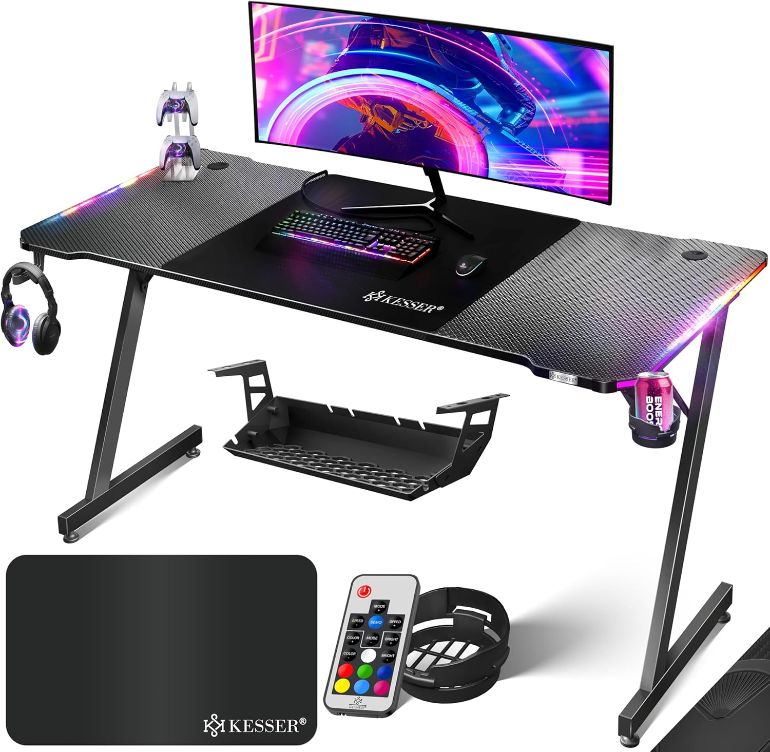 KESSER® Gaming Tisch LED 160cm x 60cm | Z-Form Gamer Schreibtisch | Kopfhörerhaken & Kohlebeschichtung | Ergonomischer PC Computertisch | Stabiler Tisch mit Getränkehalter Schwarz