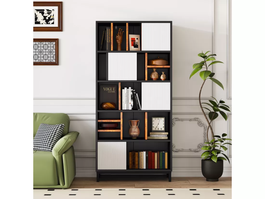 Vitrine haute、Bibliothèque à 5 niveaux - 19 compartiments - Blanc