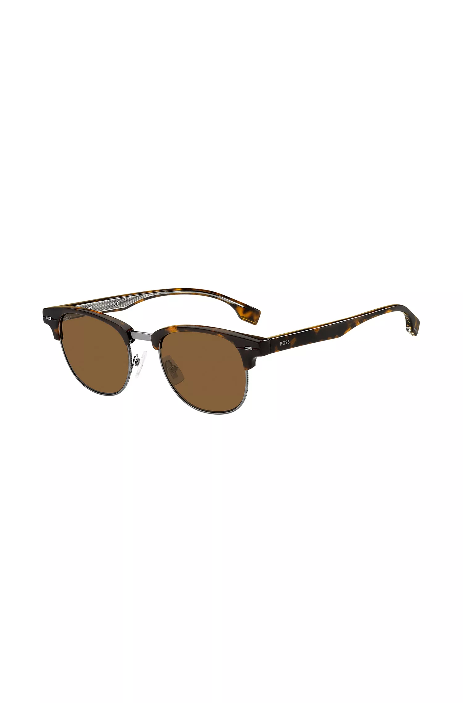 Óculos de sol BOSS em acetato preto Havana com núcleo de metal visível.