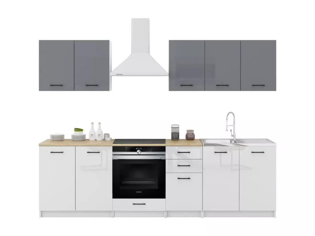 Cuisine Sanclar 7 éléments - haut gris bas blanc laqué - 2m60 four encastrable