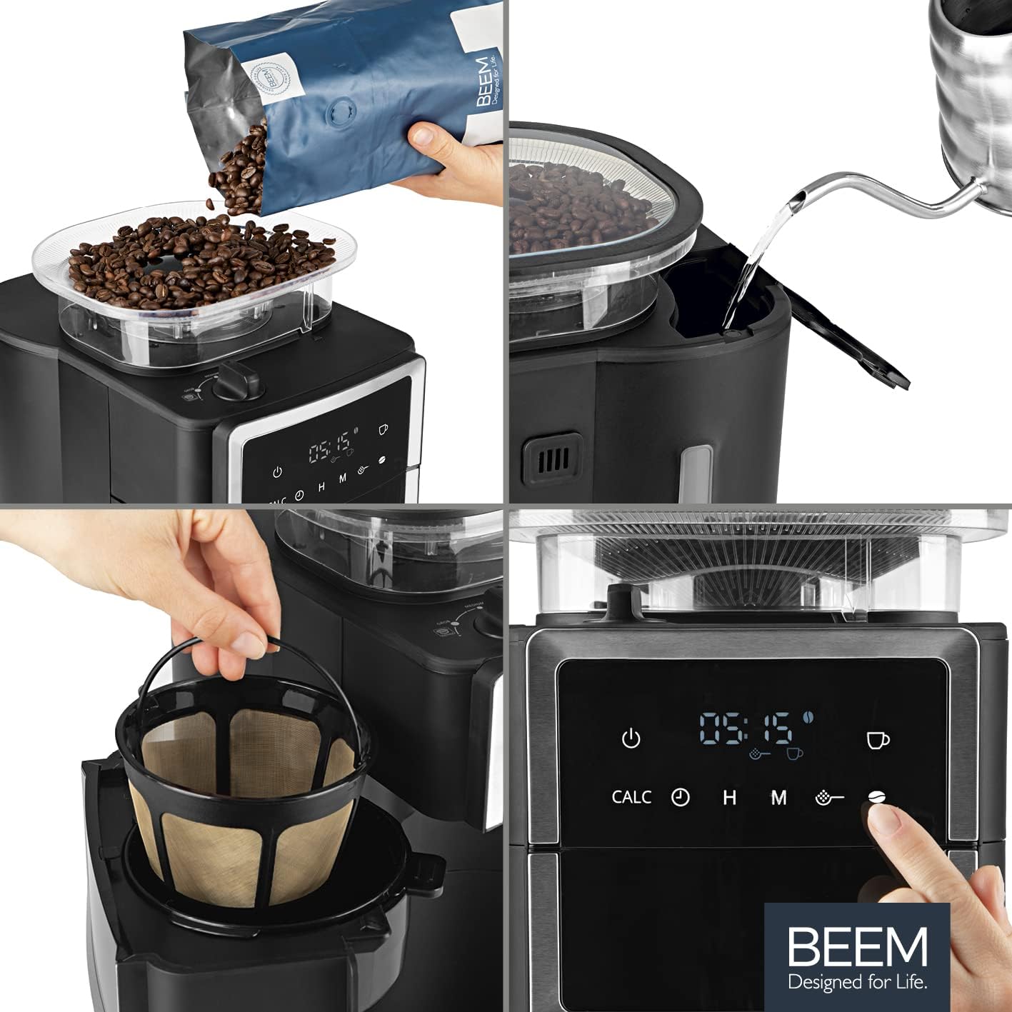 BEEM FRESH-AROMA-PERFECT III Filterkaffeemaschine mit Mahlwerk - Thermo | Edelstahl | Mit Isolierkanne & Aroma-Plus-Funktion | Permanentfilter & 24-H-Timer | 1000 W | bis zu 10 Tassen