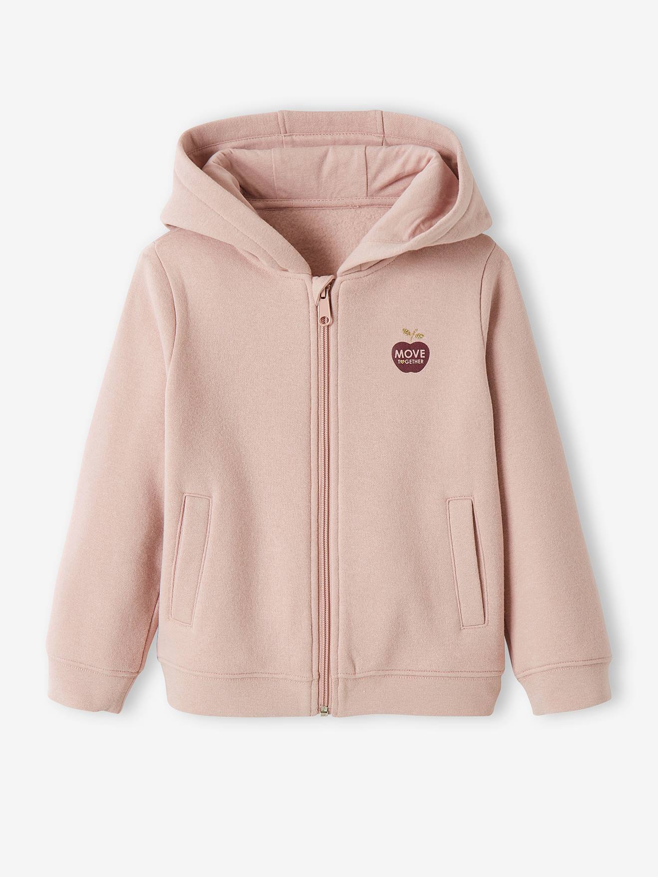 Moletom infantil feminino azul médio liso com zíper, capuz esportivo e detalhes decorativos.
