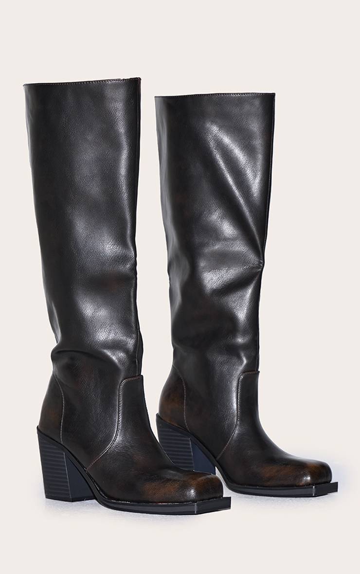 Marron Bottes Hautes À Talon Bloc Et Bout Carré En Synthétiquecuir