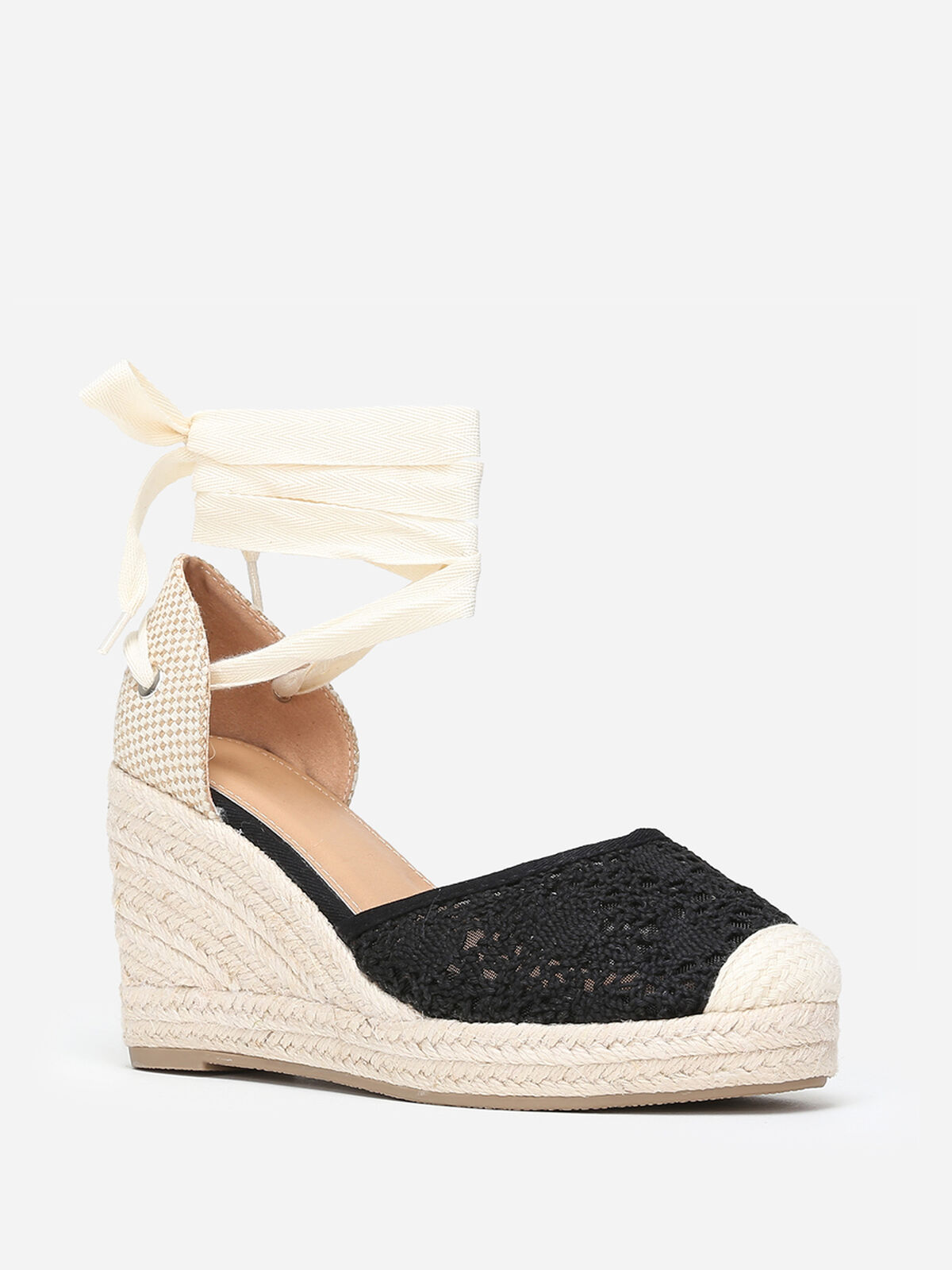 Espadrilles compensées dentelées à nouer- Noir