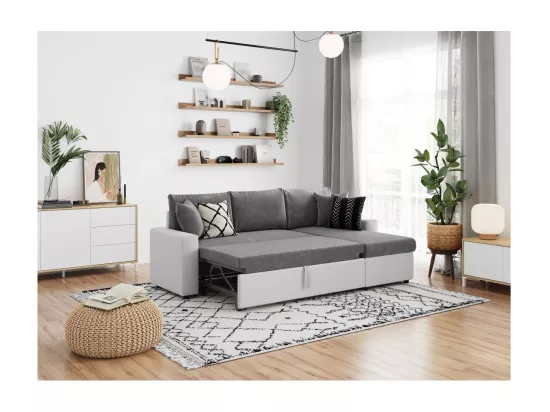 Canapé d'angle 4 places Convertible et Réversible Maria en simili/microfibre - Blanc/Gris - L227 x P146 x H81cm - Loungitude