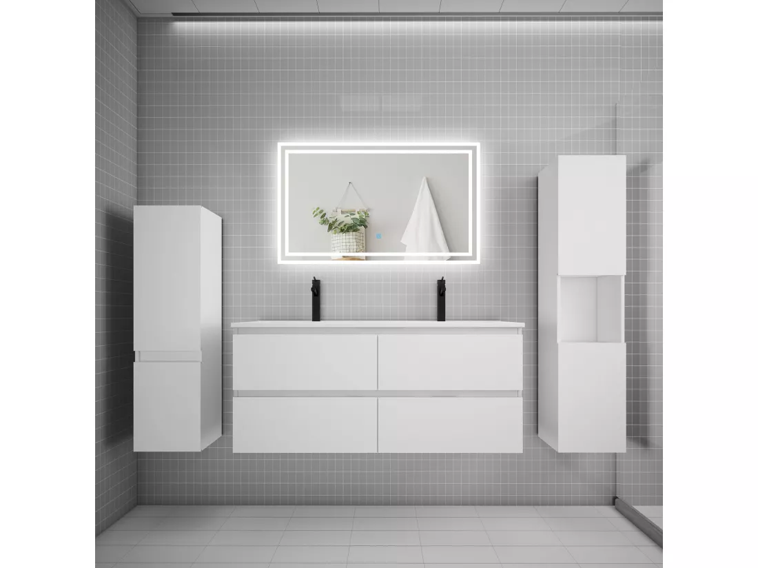 Ensemble meuble de salle de bains 120cm, double vasque et colonne et LED miroir,blanc