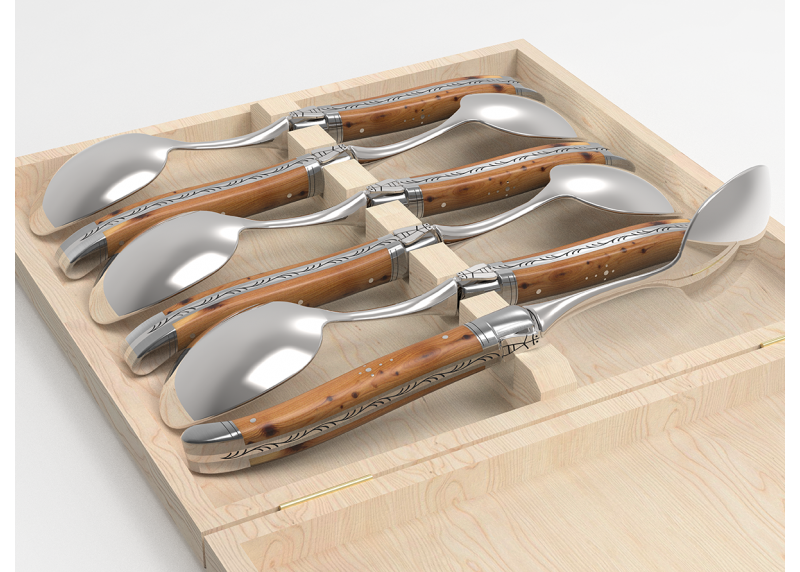 Service de 6 petites cuillères Laguiole avec un manche en bois de genévrier et mitres en acier inoxydable
