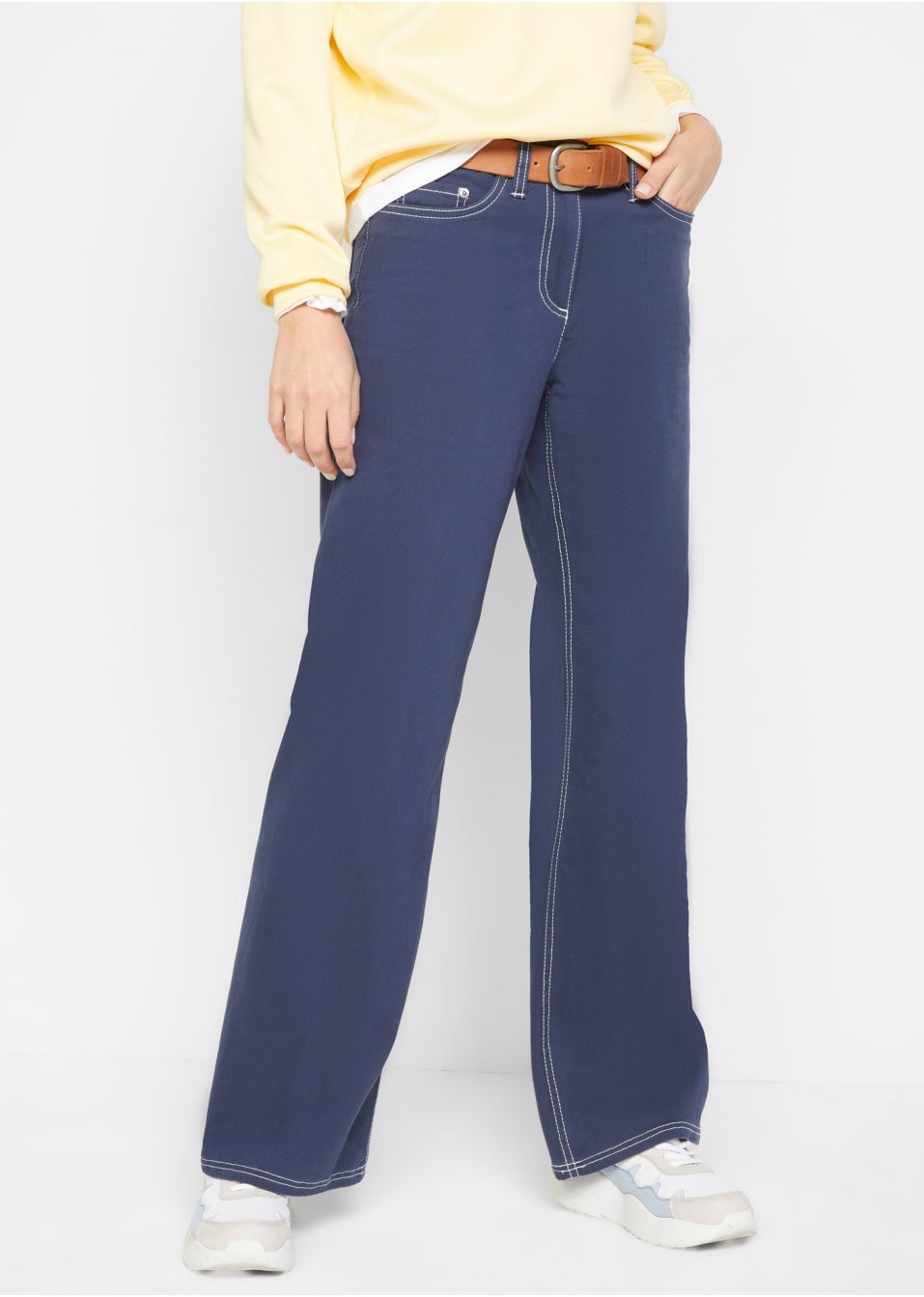 Pantalon twill jambes larges avec coutures contrastantes