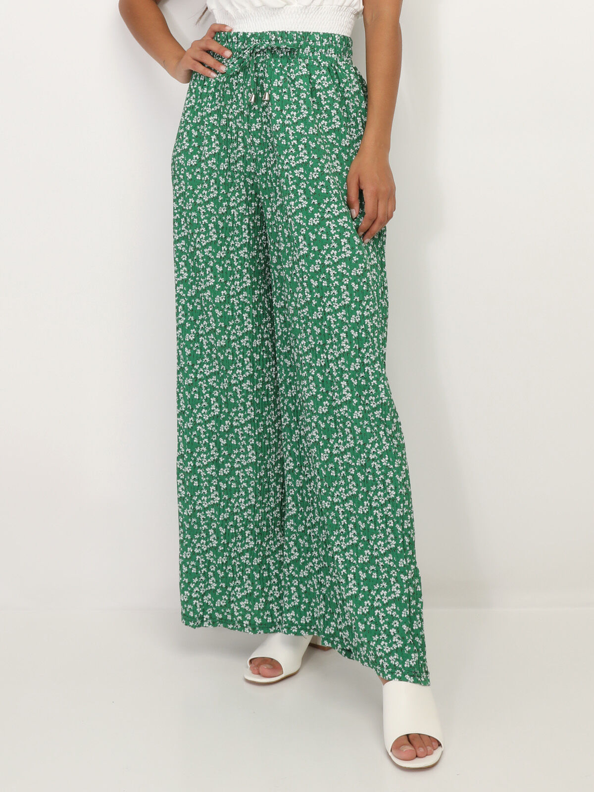 Pantalon plissé à motif floral- Vert
