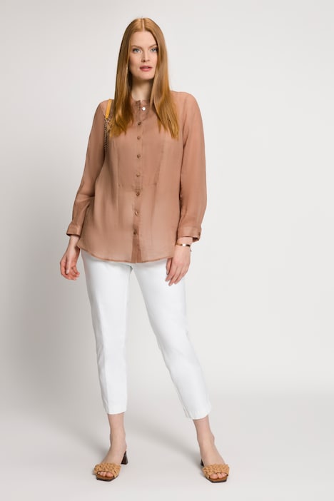 Bluse, Ramie, Plastron-Einsatz, Stehkragen, Langarm