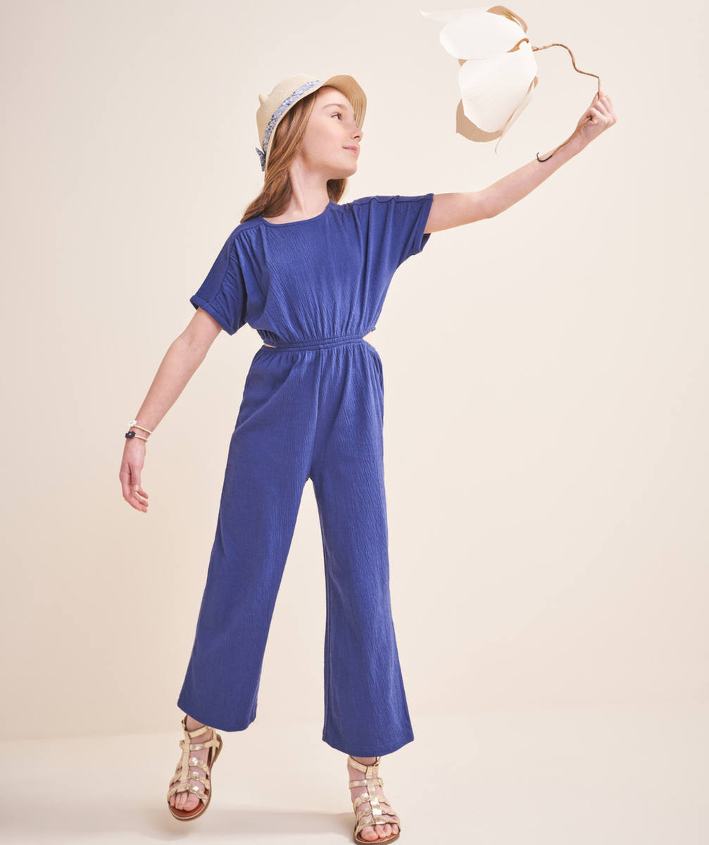 COMBINAISON EN MAILLE ET FIBRES RECYCLÉES BLEU AVEC OUVERTURES