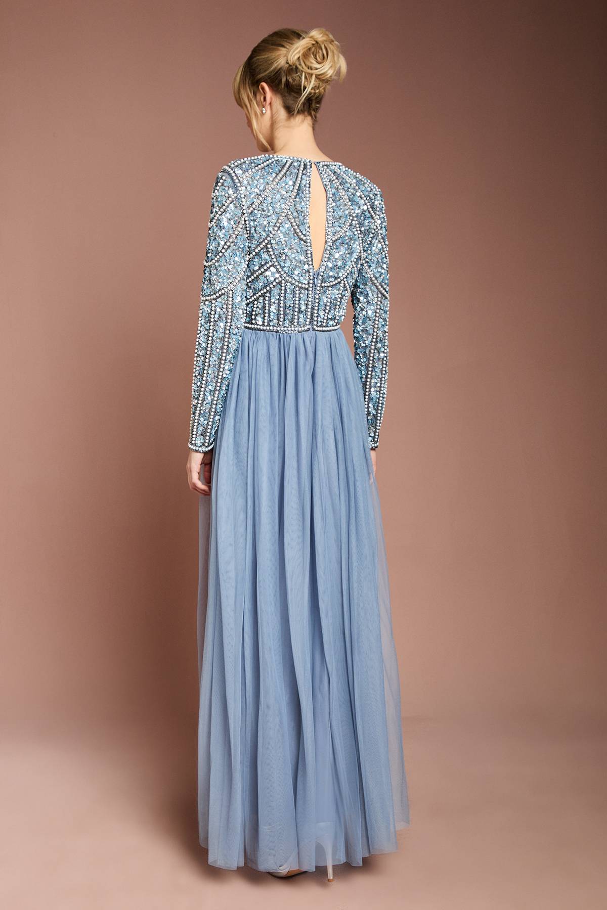 Coast Robe de Demoiselle d'Honneur Maxi Coast Honoured à Manches Longues avec Corsage à Paillettes et Jupe en Tulle