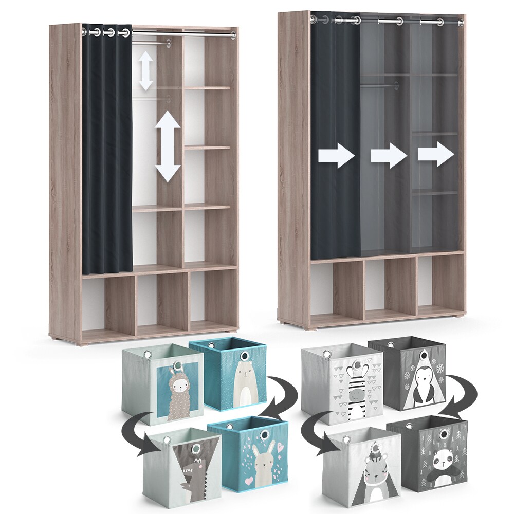 Vicco Kinderkleiderschrank Kinderzimmerschrank Kindergarderobe Luigi Sonoma Faltbox 106 x 178 cm modern Schrankregal Jugendzimmerschrank Organizer Vorhang Kleiderstange Fächer Aufbewahrung Spielzeugablage