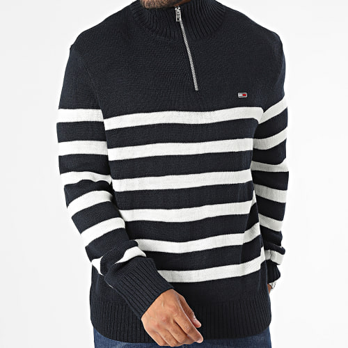 Pull Col Zippé Colorblock 6790 Bleu Marine Blanc