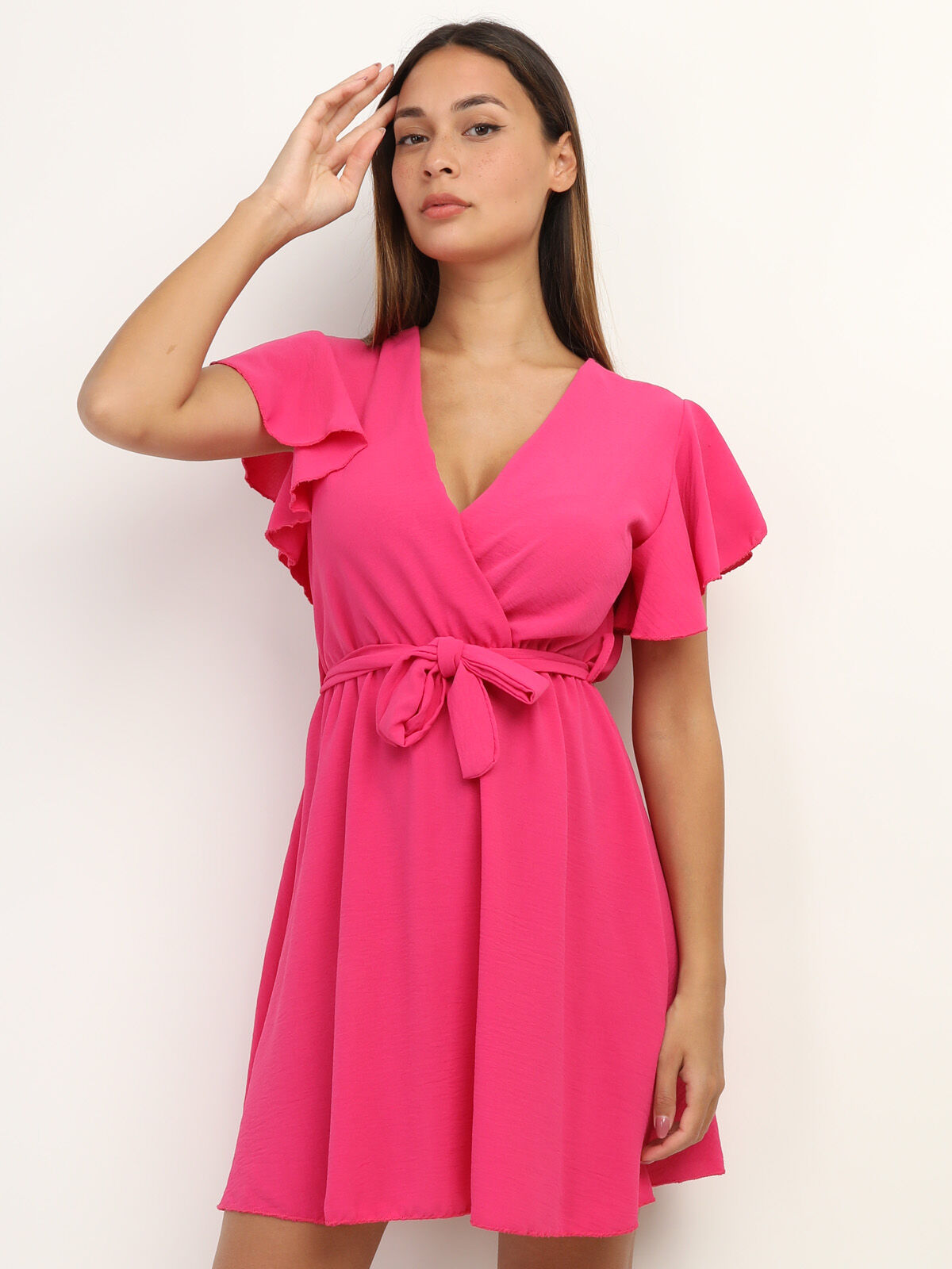 Robe cache-cœur ceinturée à volants- Fuchsia